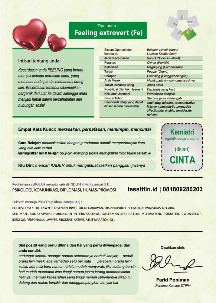 Sertifikiat Tes STIFIn Feeling extrovert fe - Hasil Tes STIFIn Feeling extrovert Fe